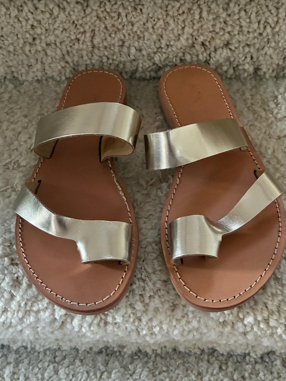 Womens Gold Metallic Two-Strap Slide Sandals
